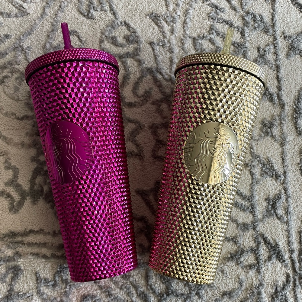 Starbucks gold and magenta holiday 2022 studded cups